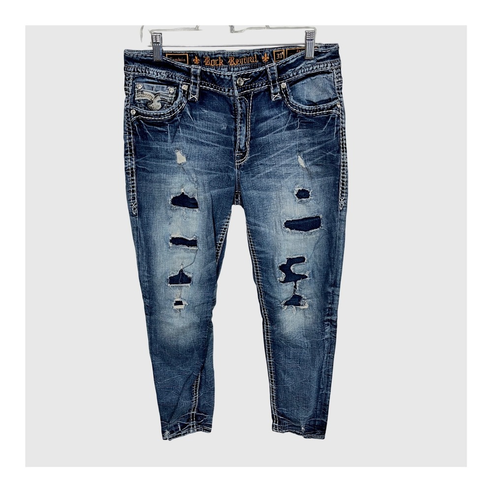 Rock Revival Cambria Easy Ankle Skinny Jeans Womens 31 Blue Embellished